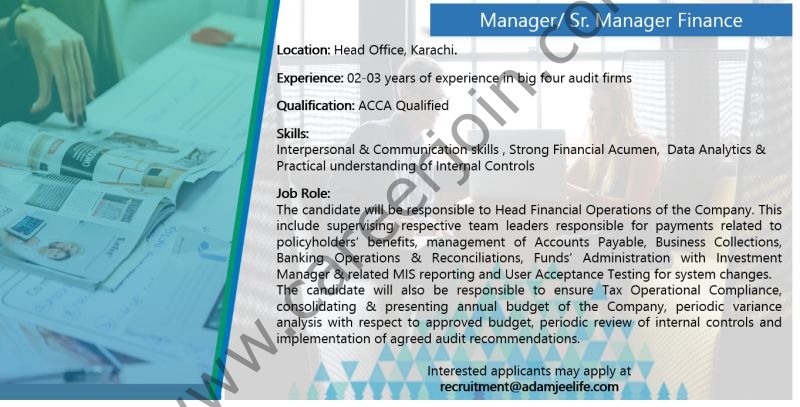 Adamjee Life Insurance Jobs Manager/ Sr Manager Finance 1