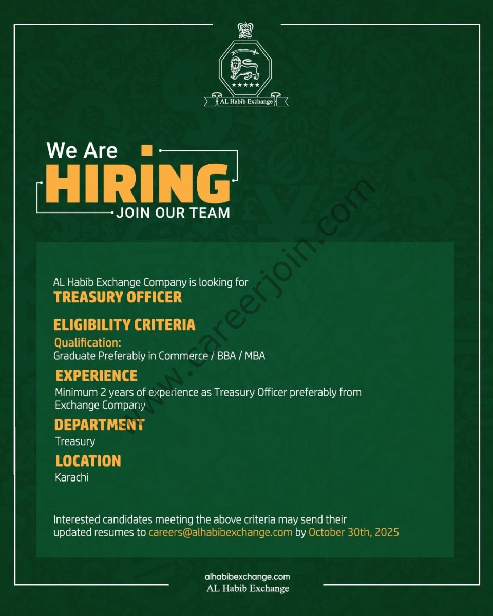AL Habib Exchange Company Jobs Treasury Officer 1
