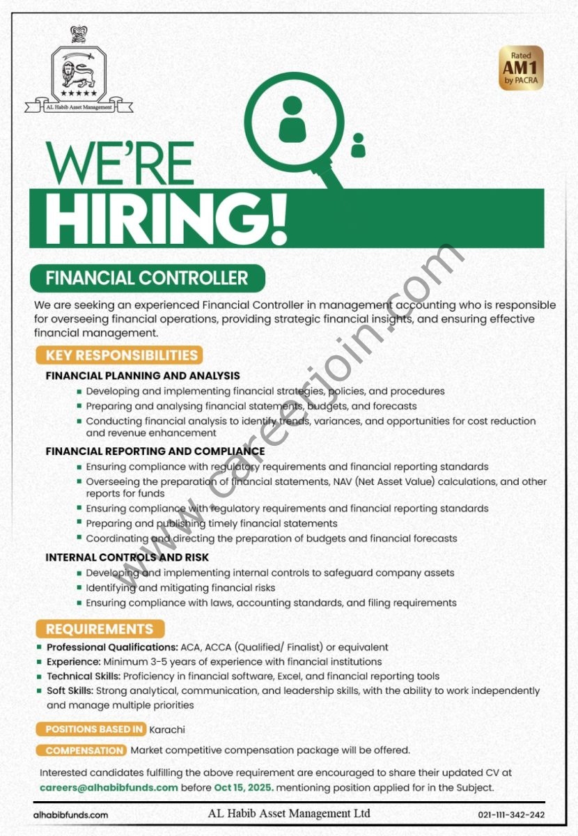 Al Habib Asset Management Limited Jobs Financial Controller  1