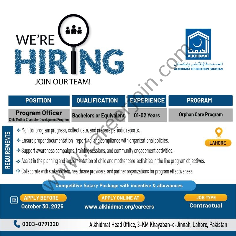 Alkhidmat Foundation Pakistan Jobs Program Officer 1