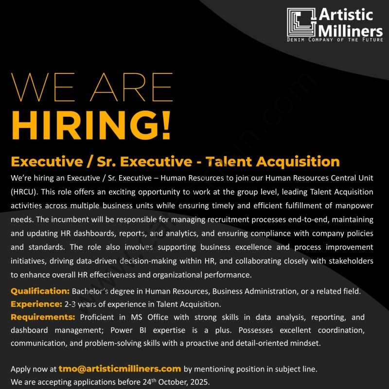 Artistic Milliners Jobs Executive / Sr Executive Talent Acquisition 1