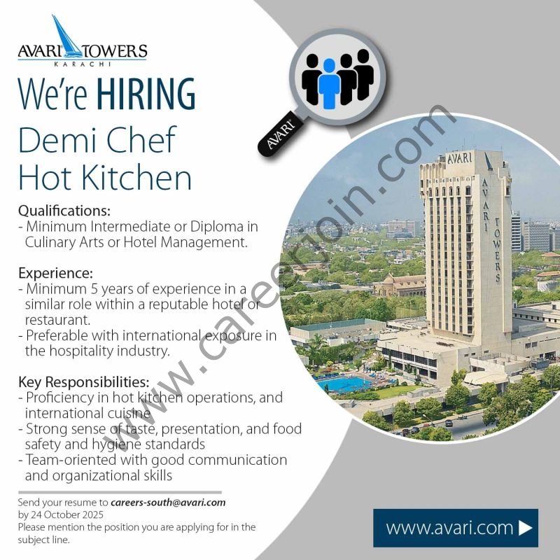 Avari Towers Karachi Jobs Demi Chef Hot Kitchen 1