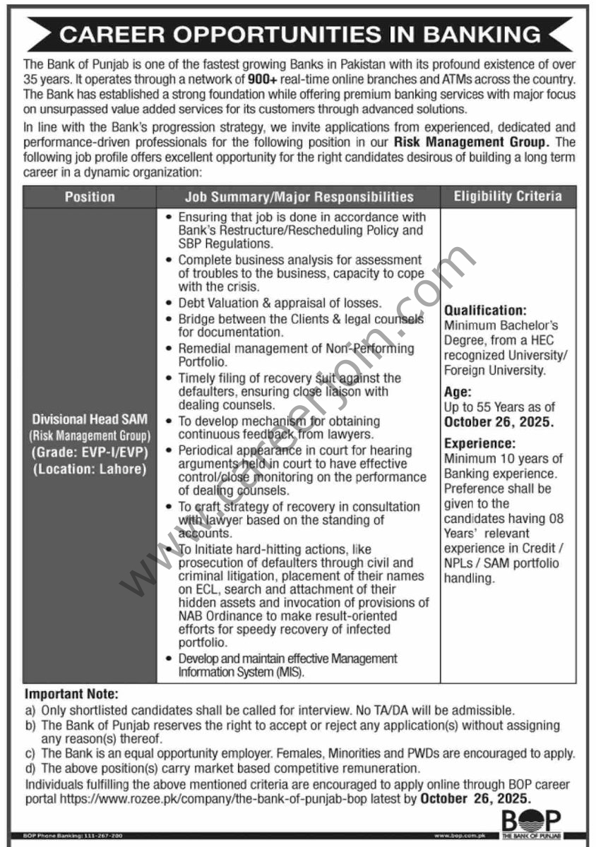 Bank of Punjab BOP Jobs 12 October 2025 Dawn 1