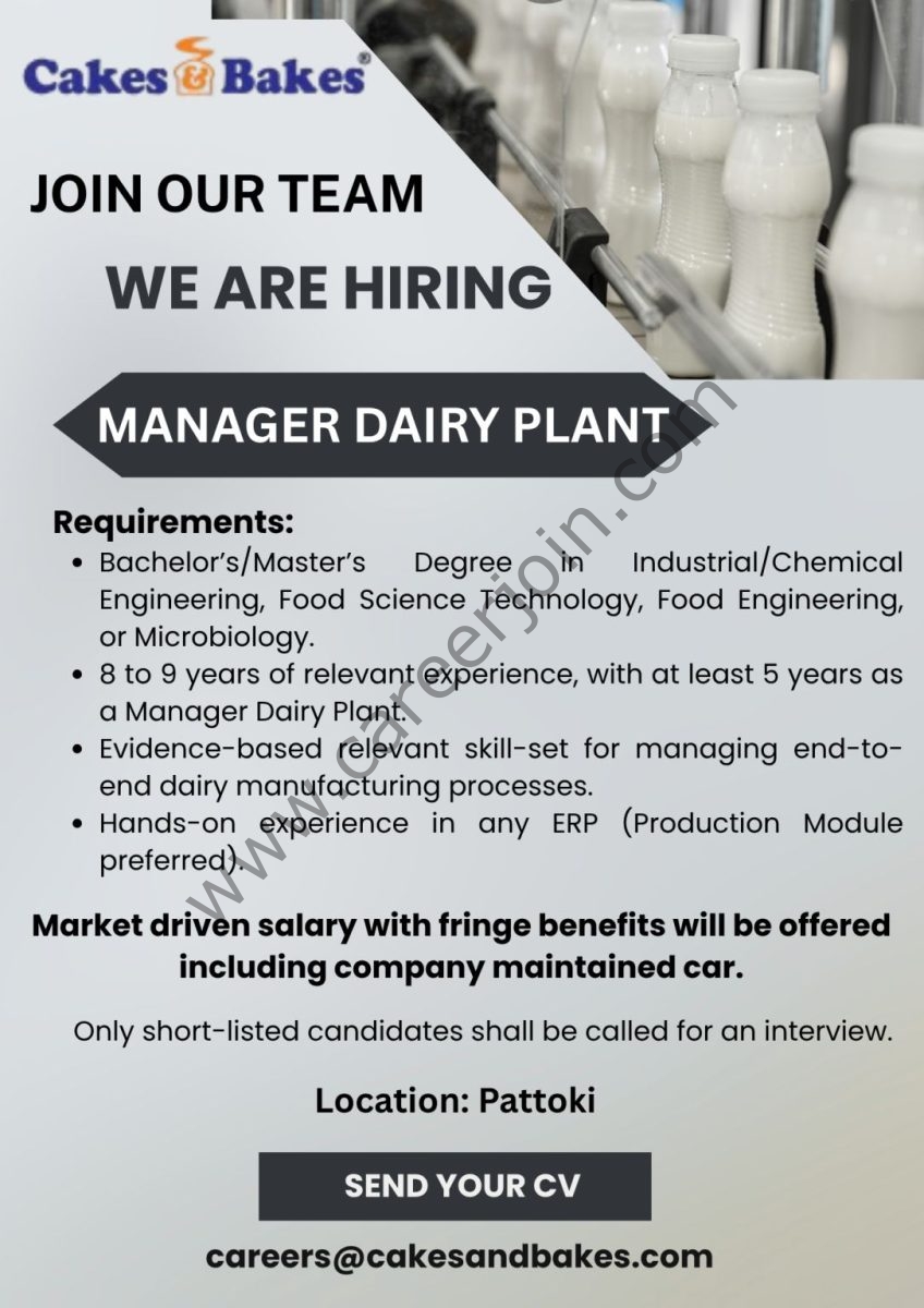 Cakes & Bakes Pakistan Jobs Manager Dairy Plant 1