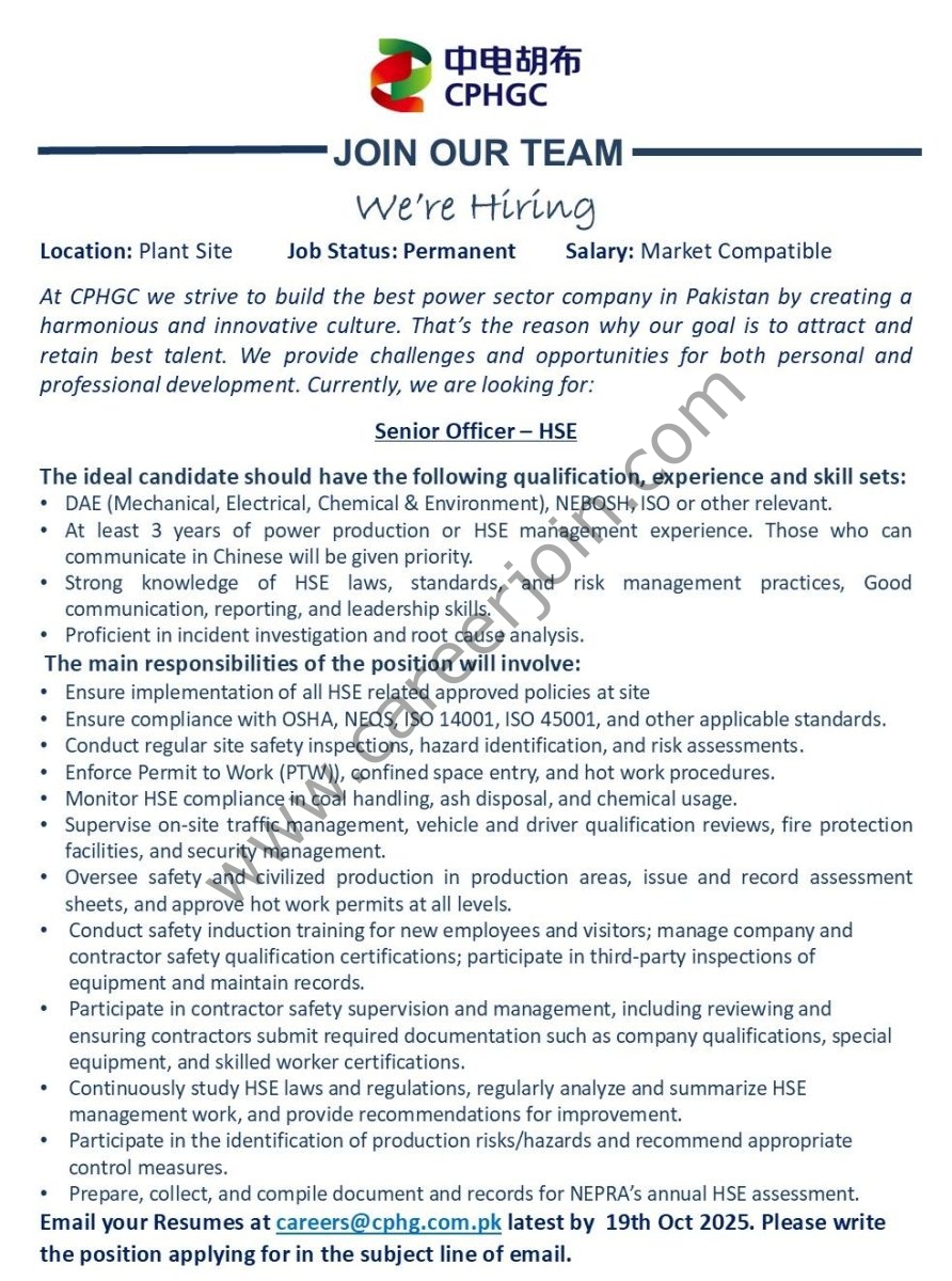 China Power Hub Generation Company CPHGC Jobs Senior Officer HSE 1