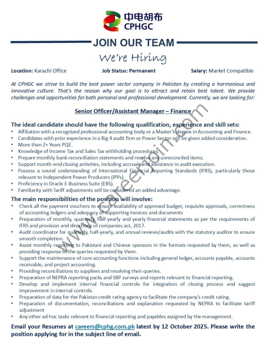 China Power Hub Generation Company CPHGC Jobs Senior Officer/Assistant Manager Finance  1