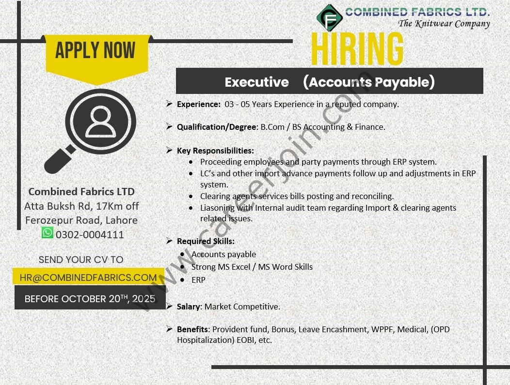 Combined Fabrics Limited Jobs Executive Accounts Payable 1