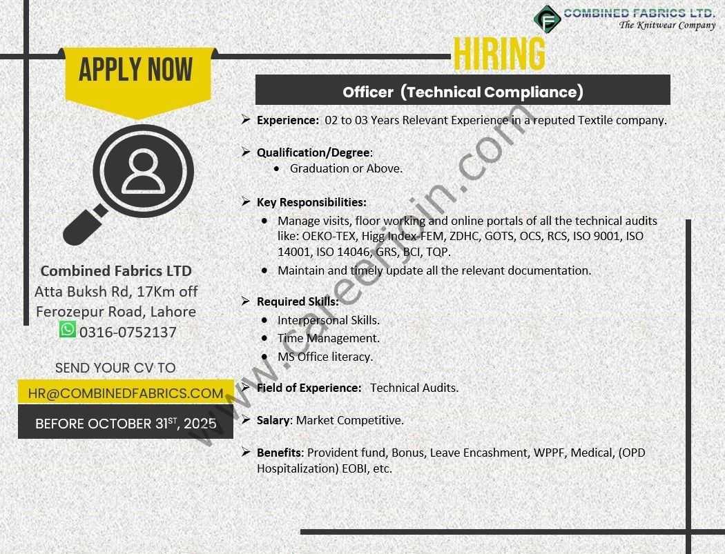 Combined Fabrics Limited Jobs Officer (Technical Compliance) 1