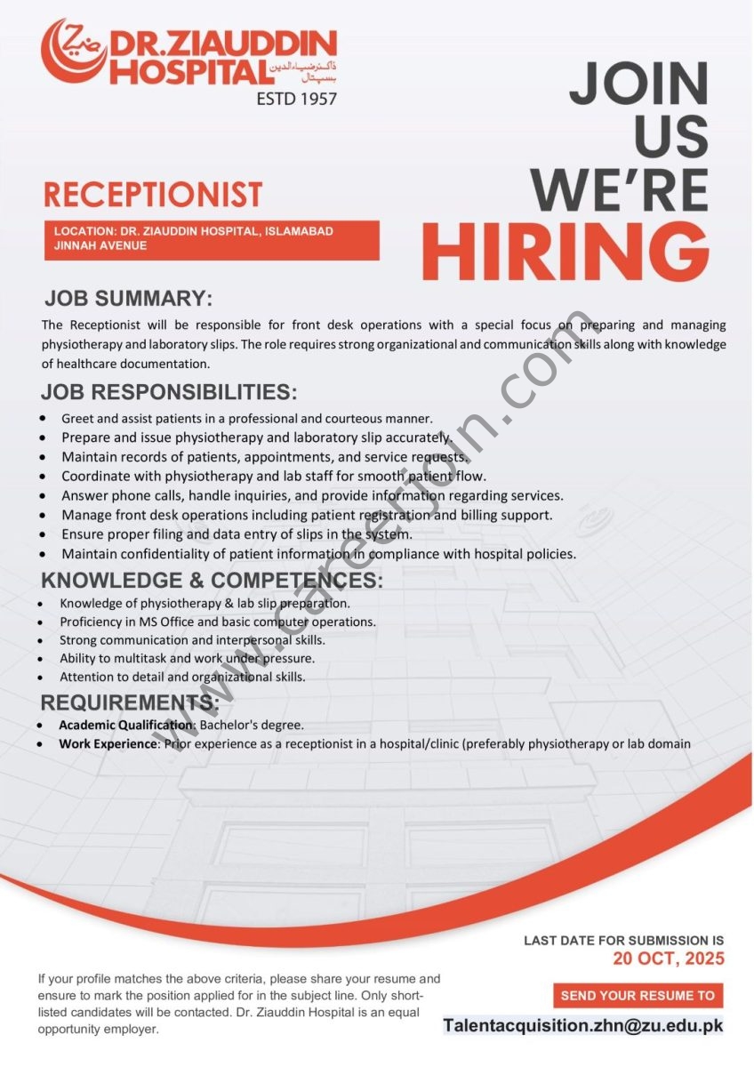 Dr Ziauddin Hospital Jobs Receptionist 1