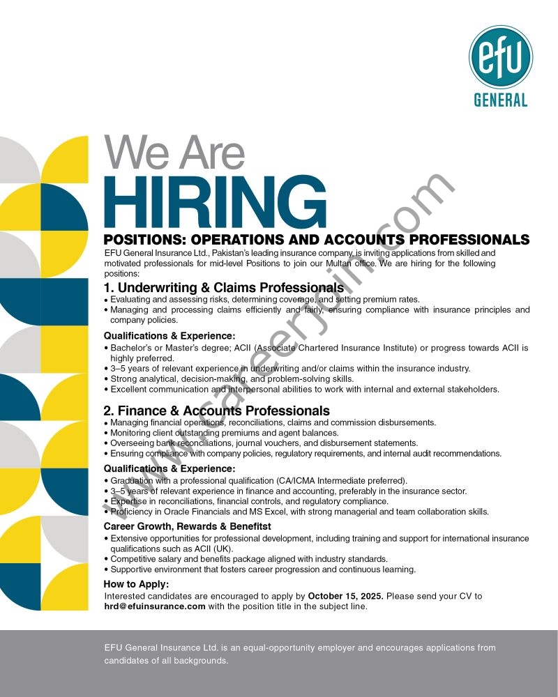 EFU General Insurance Ltd Jobs Operations & Accounts Professionals 1