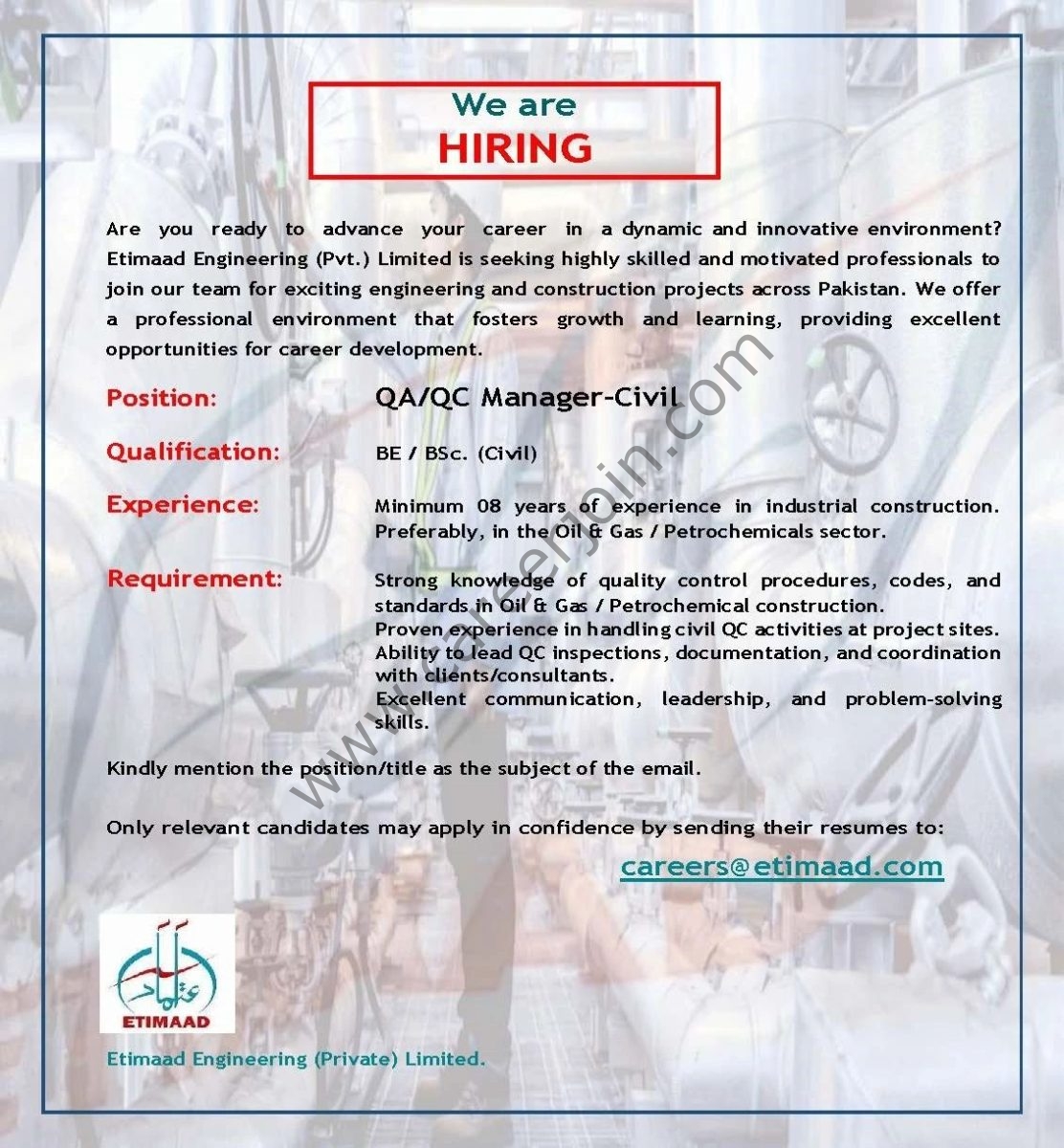 Etimaad Engineering (Private) Limited Jobs QA/QC Manager Civil 1