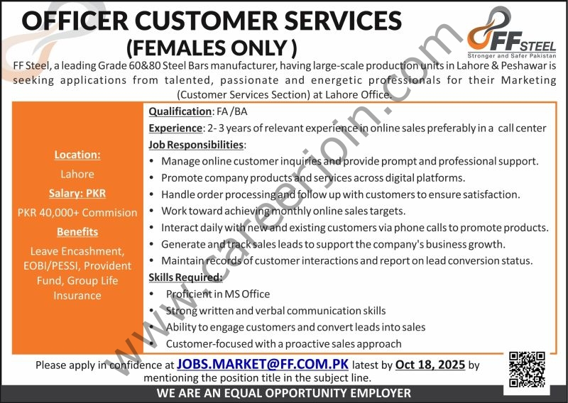FF Steel Jobs Officer Customer Services 1