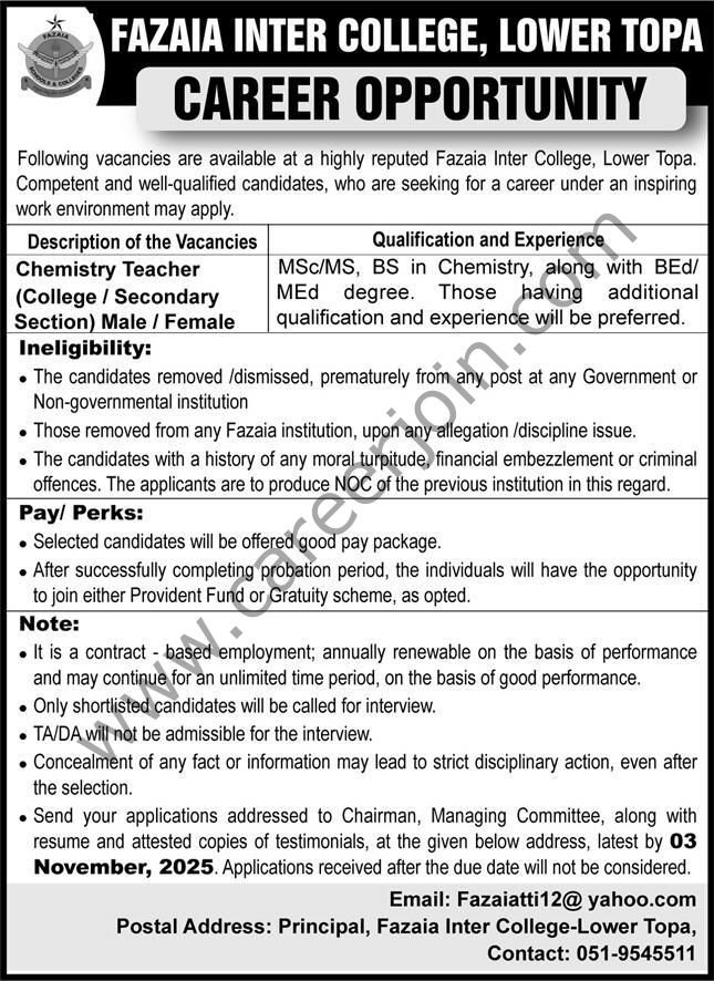 Fazaia Intern Colloge Lower Topa Jobs 26 October 2025 Dawn 1