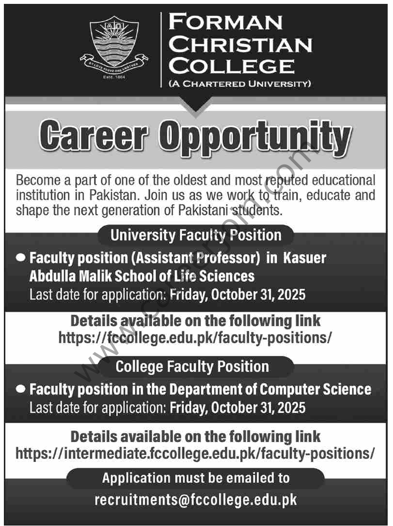 Forman Christian College Jobs 19 October 2025 Dawn 1