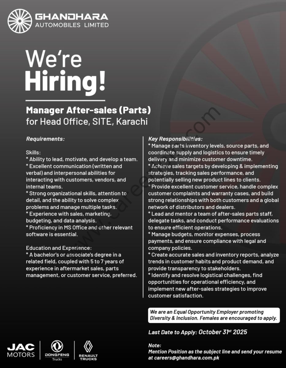 Ghandhara Automobiles Limited Jobs Manager Aftersales (Parts) 1