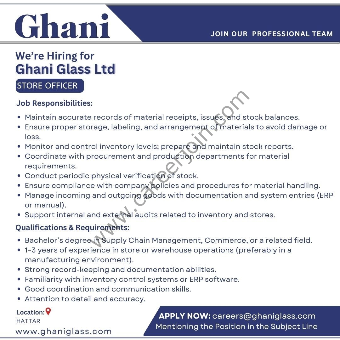 Ghani Glass Limited Jobs Store Officer 1