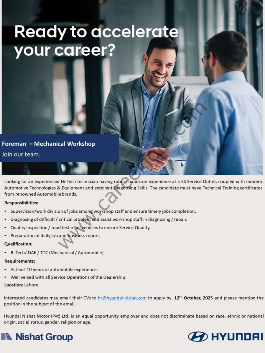 Hyundai Nishat Motor Pvt Ltd Jobs Foreman Mechanical Workshop 1
