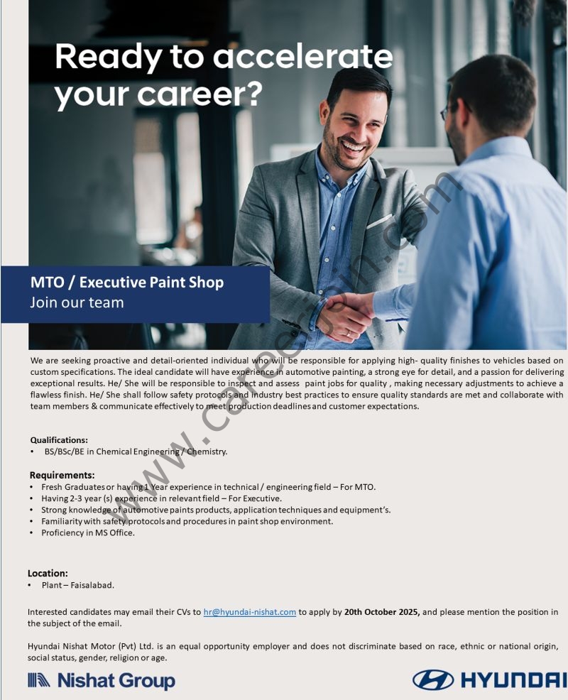 Hyundai Nishat Motor Pvt Ltd Jobs MTO / Executive Paint Shop 1