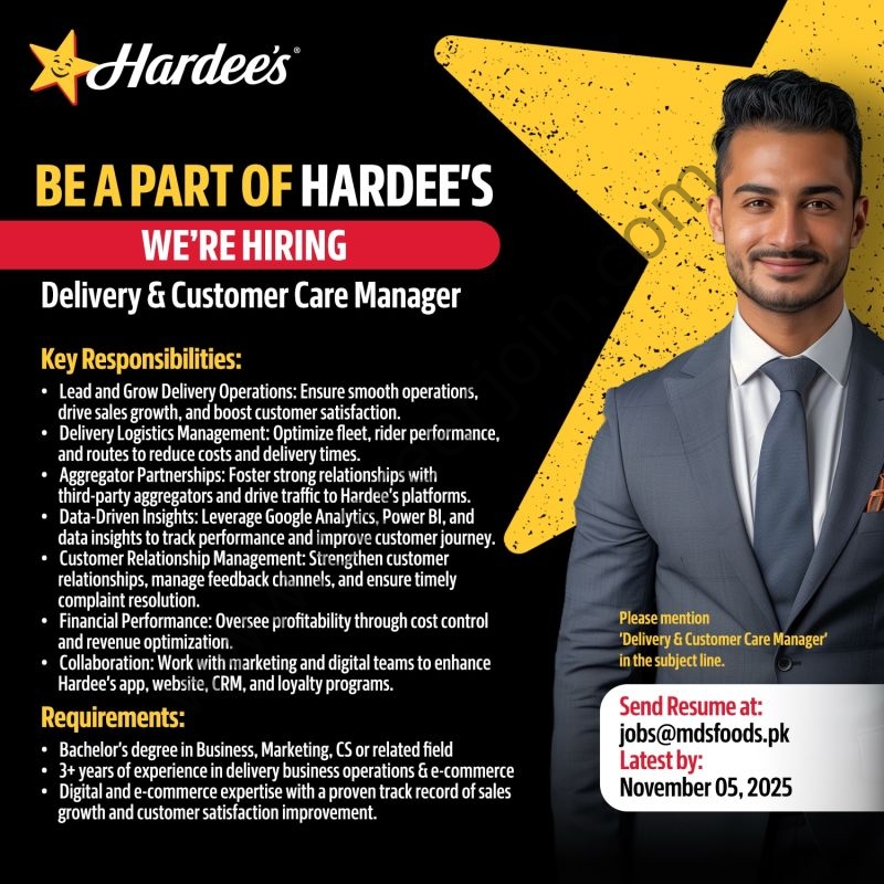 Hardees Pakistan Jobs Delivery & Customer Care Manager 1