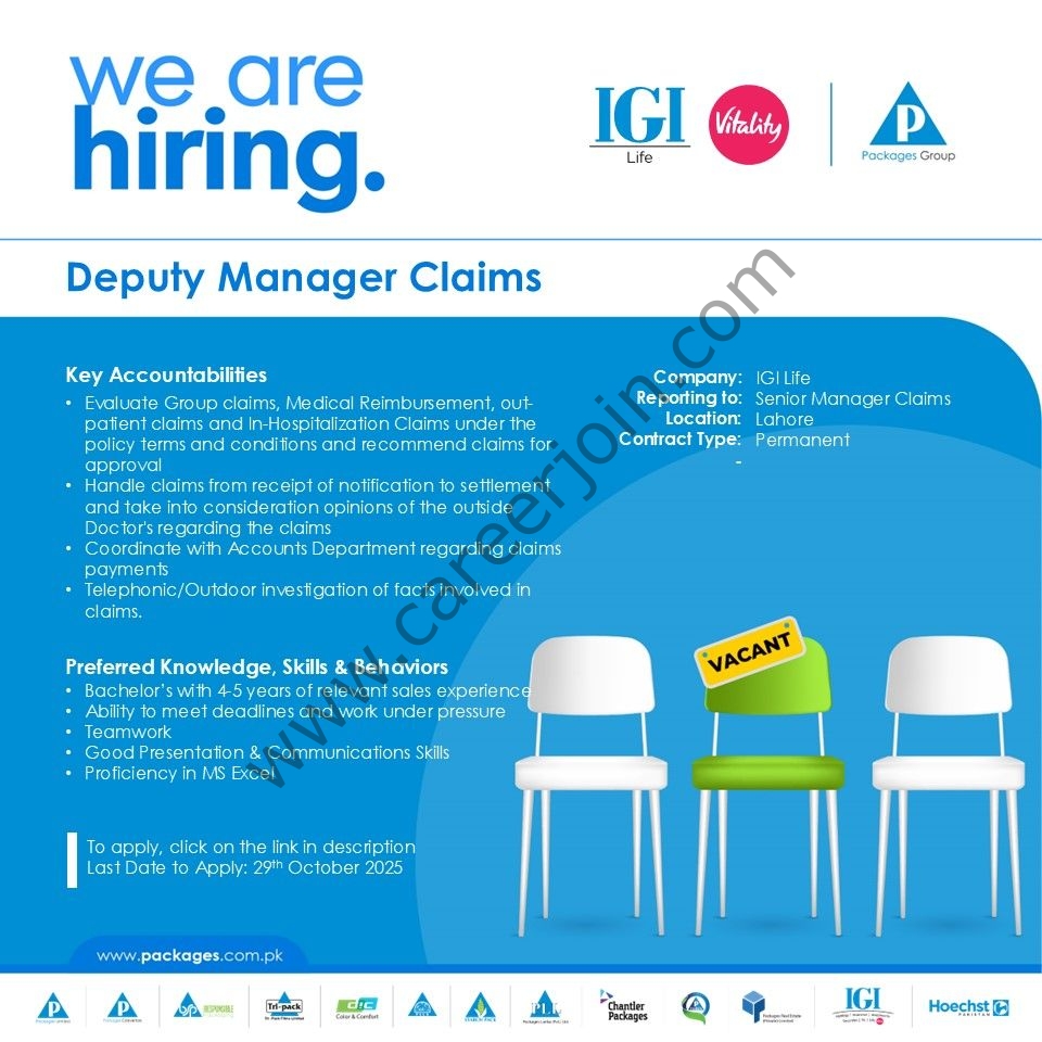 IGI Life Insurance Company Jobs Deputy Manager Claims 1