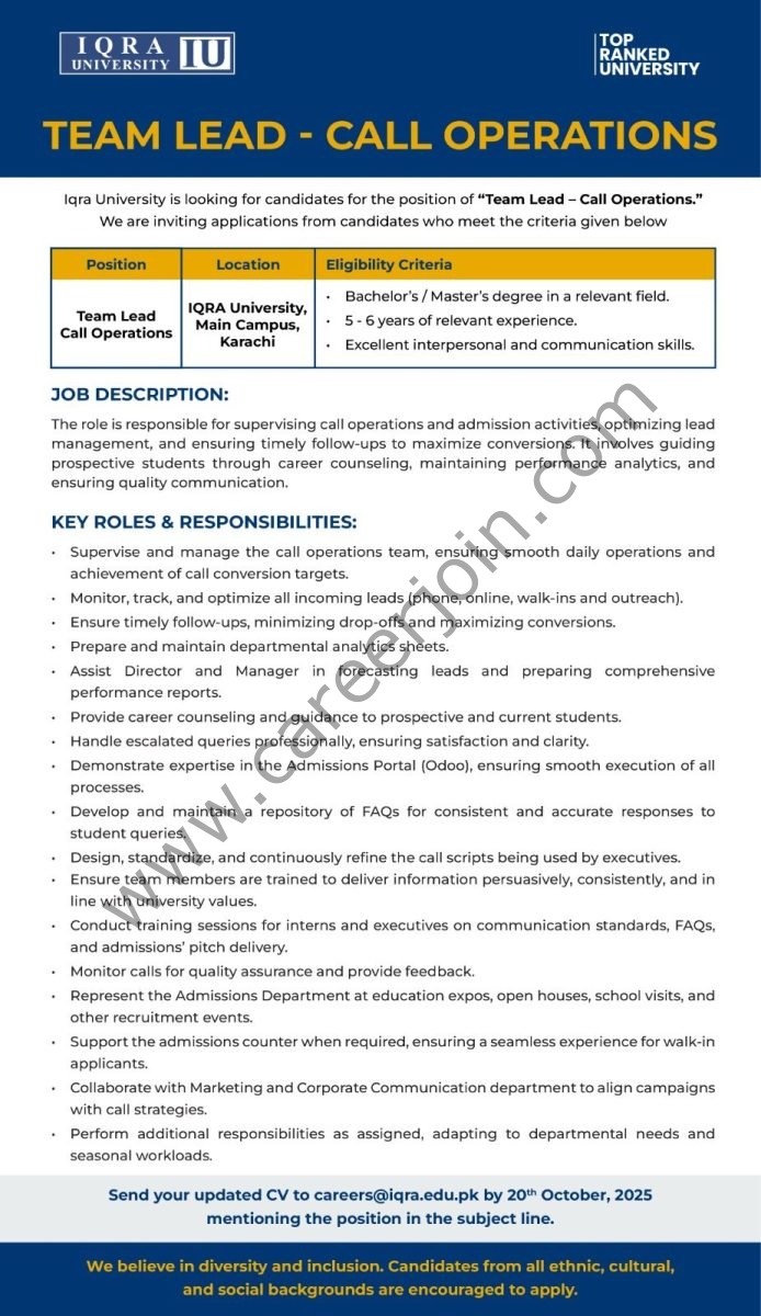 Iqra University Jobs Team Lead Call Operations  1