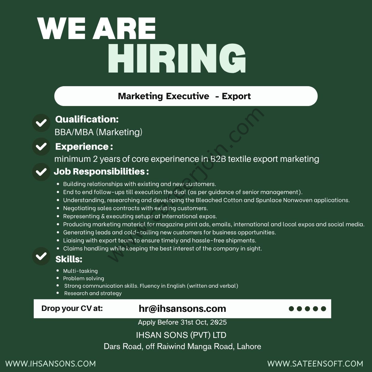 Ihsan Sons Pvt Ltd Jobs Marketing Executive Export 1