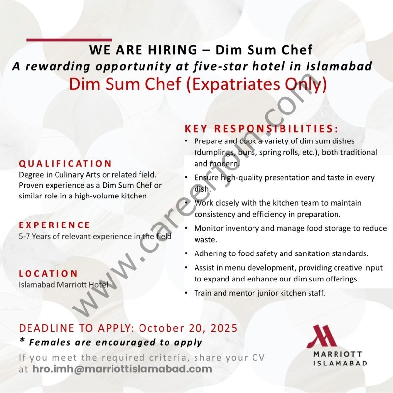 Islamabad Marriott Hotel Jobs Dim Sum Chef 1