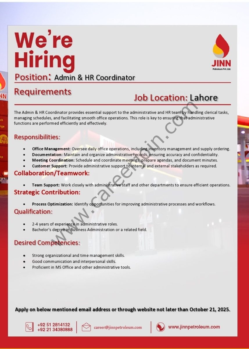 JINN Petroleum Pvt Ltd Jobs Admin & HR Coordinator 1