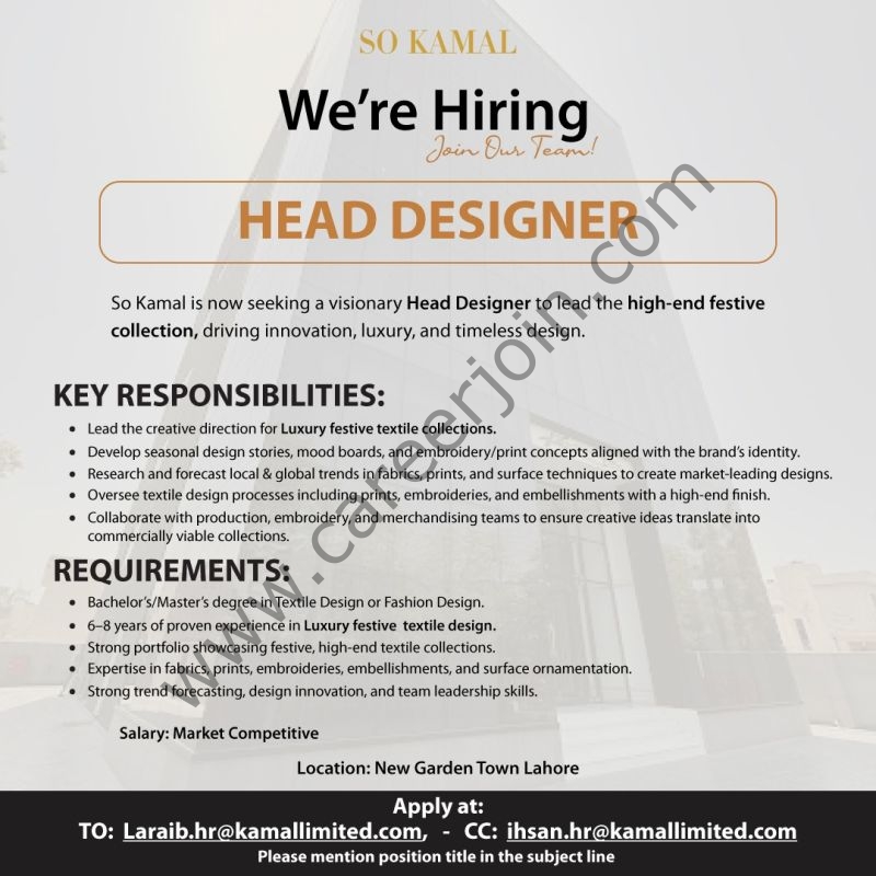 Kamal Limited Jobs Head Designer  1