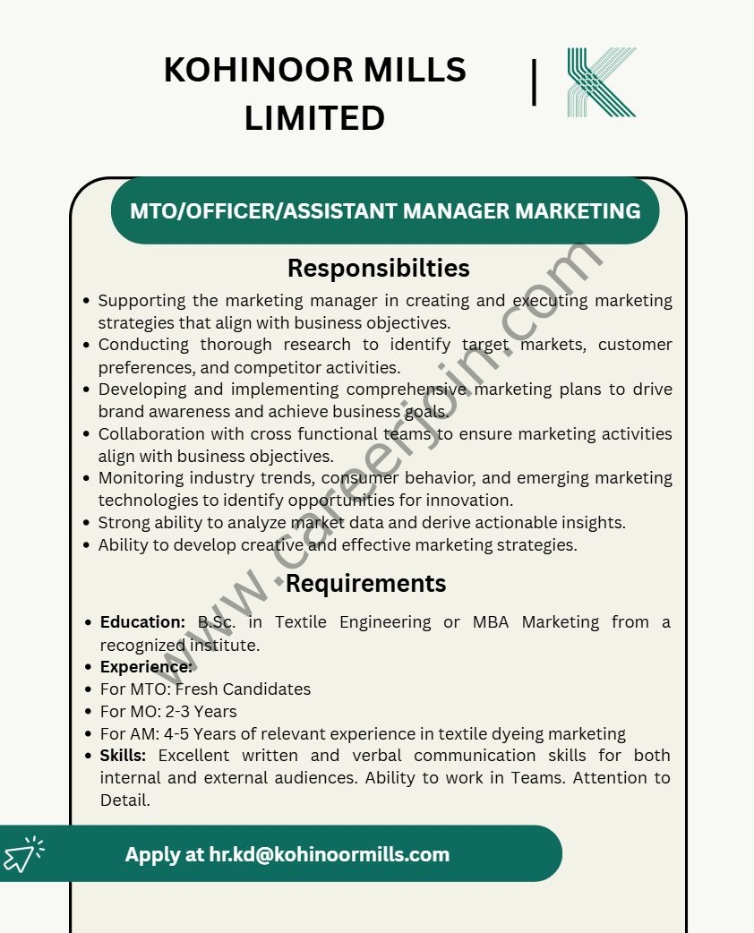 Kohinoor Mills Limited Jobs October 2025 1