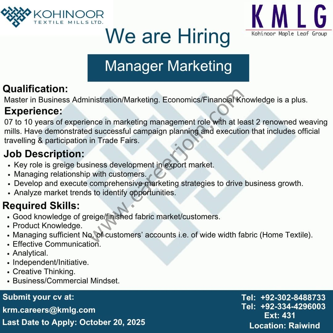 Kohinoor Textile Mills Limited Jobs Manager Marketing 1