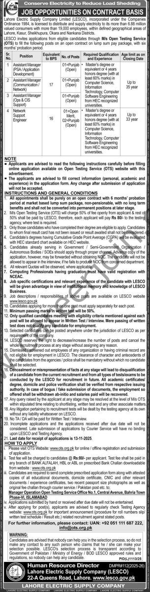 Lahore Electric Supply Co Ltd LESCO Jobs 26 October 2025 Express 1