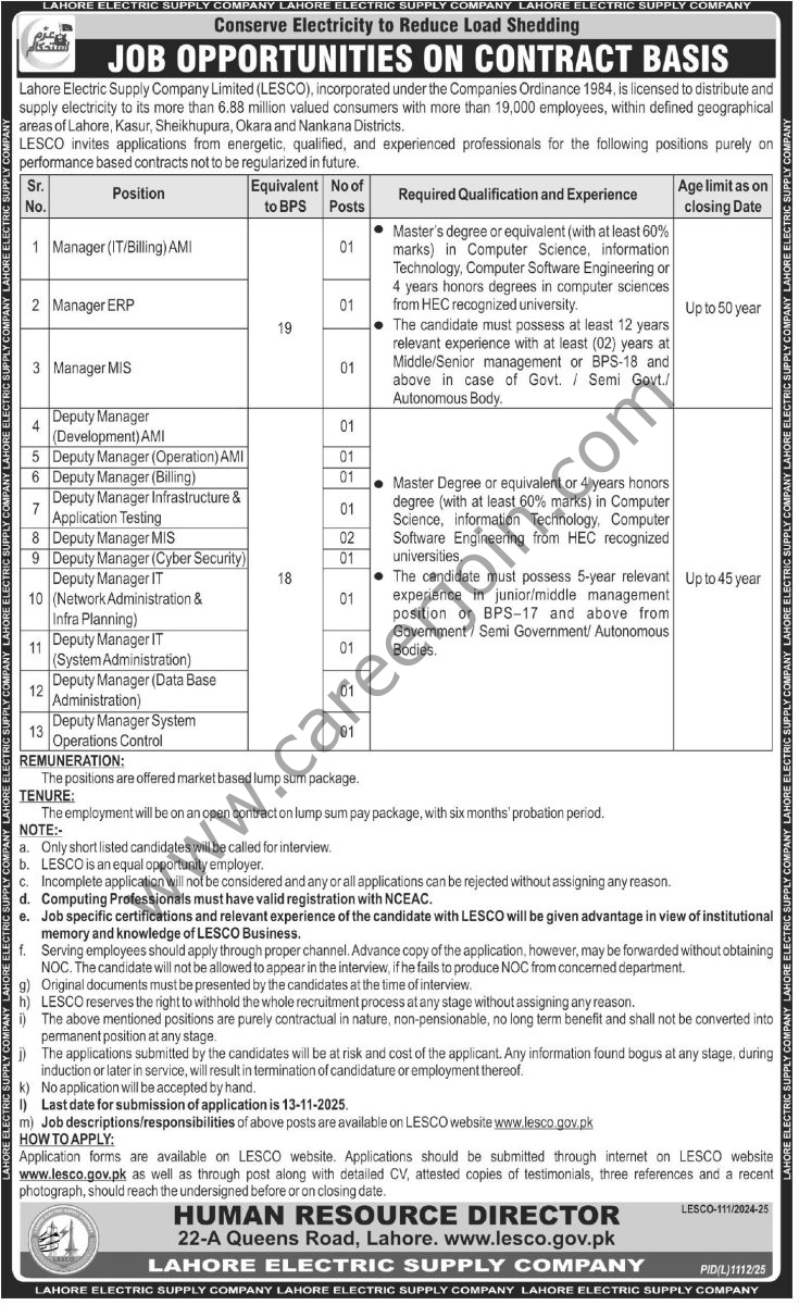 Lahore Electric Supply Co Ltd LESCO Jobs 26 October 2025 Express Tribune 1