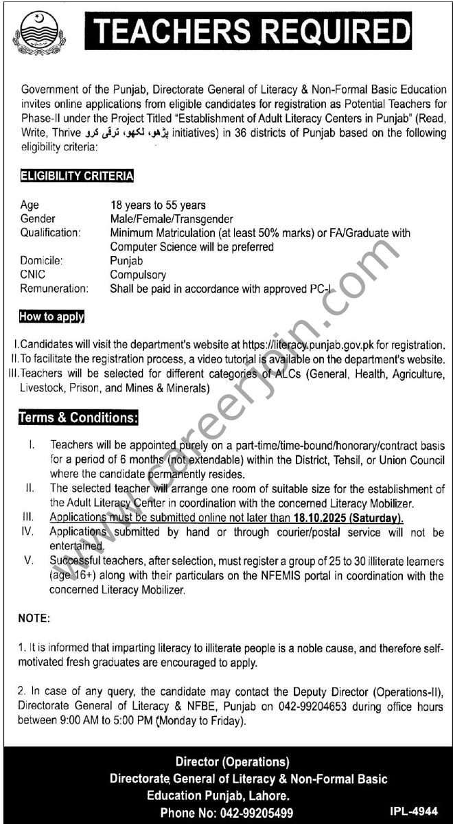 Literacy & Non Formal Basic Education Dept Punjab Jobs 05 October 2025 Express Tribune 1