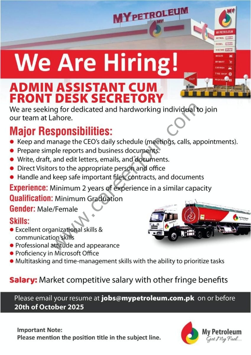My Petroleum Pvt Ltd Jobs Admin Assistant cum Front Desk Secretary 1