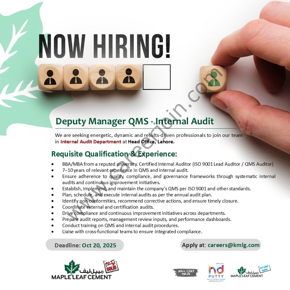 Maple Leaf Cement Factory Limited Jobs Deputy Manager QMS Internal Audit 1