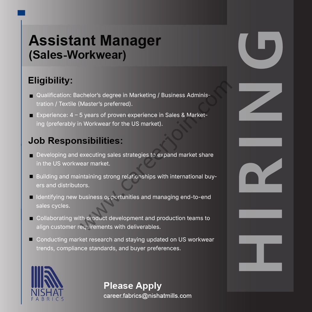 Nishat Mills Limited Jobs Assistant Manager Sales Workwear 1