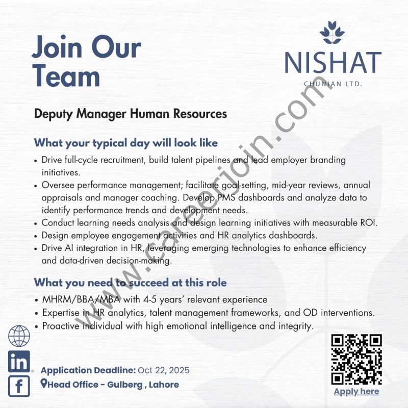 Nishat Chunian Limited Jobs Deputy Manager HR 1