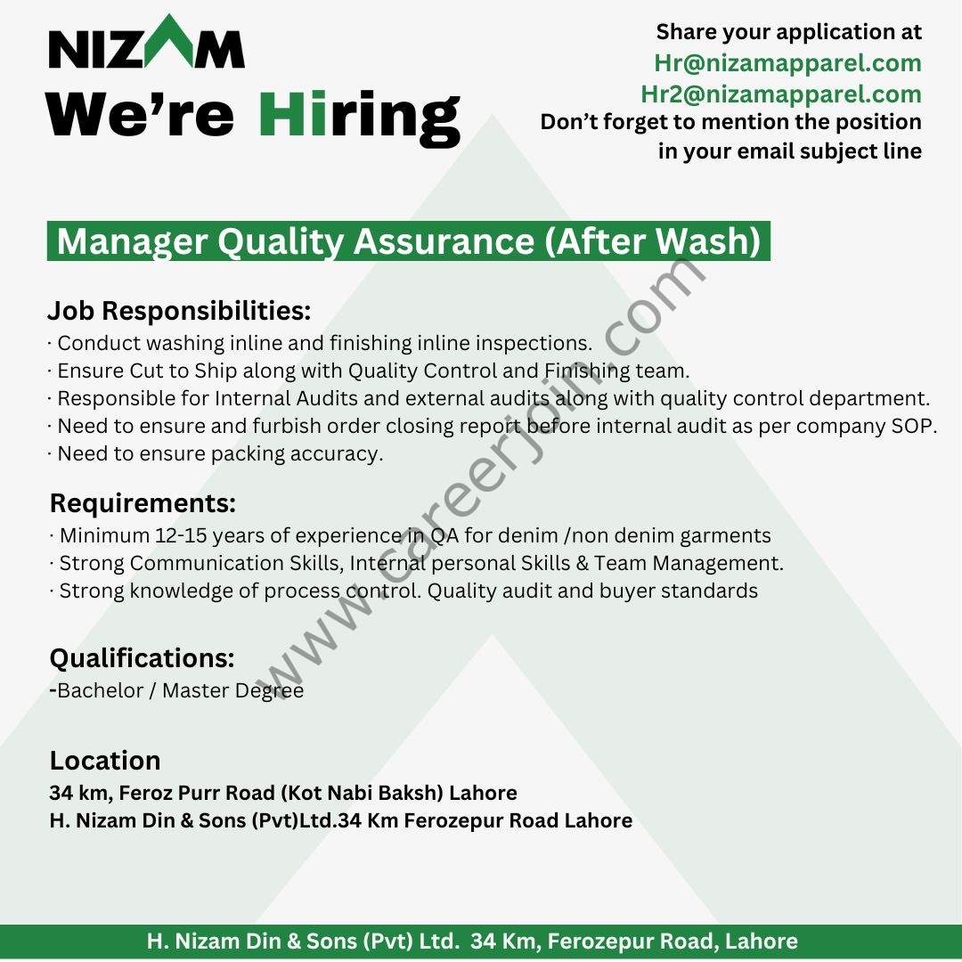 H Nizam Din & Sons (Pvt) Ltd Jobs Manager QA (After Wash) 1