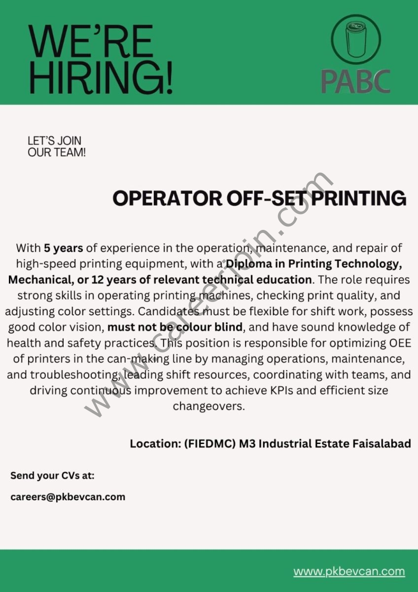 Pakistan Aluminium Beverage Cans Limited PABC Jobs Operator Off-Set Printing 1