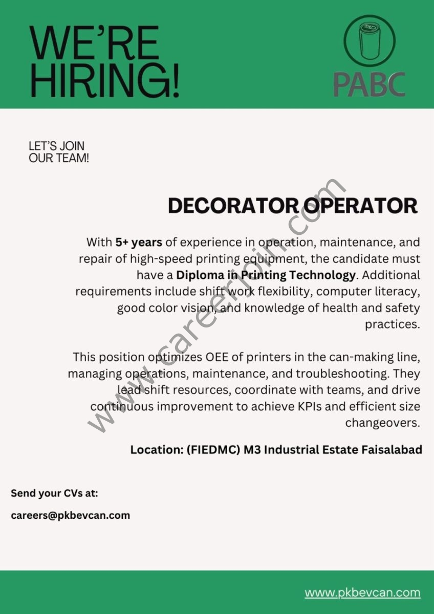 Pakistan Aluminium Beverage Cans Limited PABC Jobs Decorator Operator  1