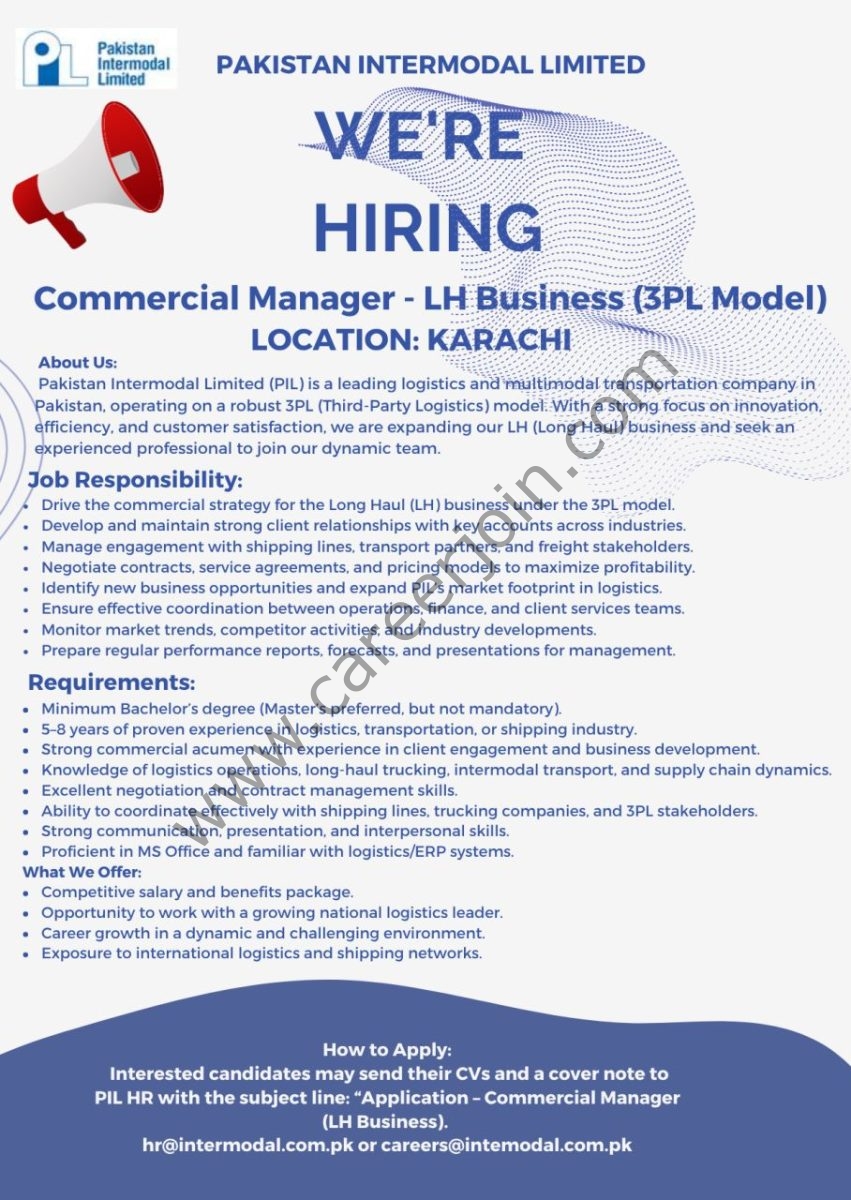 Pakistan Intermodal Limited (PIL) Jobs Commercial Manager 1