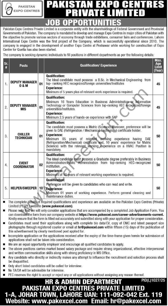 Pakistan Expo Centres Pvt Ltd Jobs 19 October 2025 Express Tribune 1