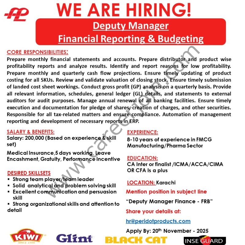 Peridot Products Pvt Ltd Jobs Deputy Manager Financial Reporting & Budgeting  1