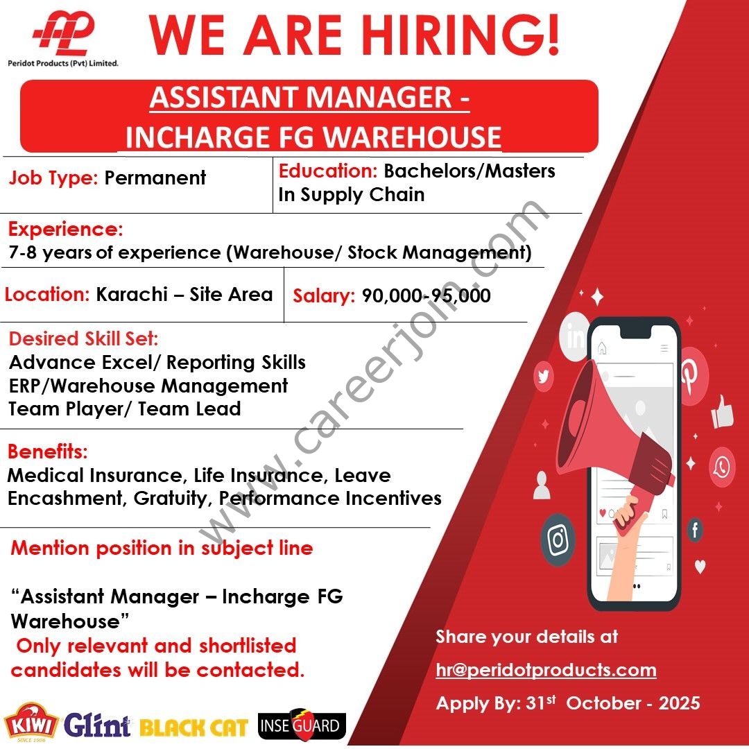 Peridot Products (Pvt) Limited Jobs Assistant Manager Incharge FG Warehouse 1