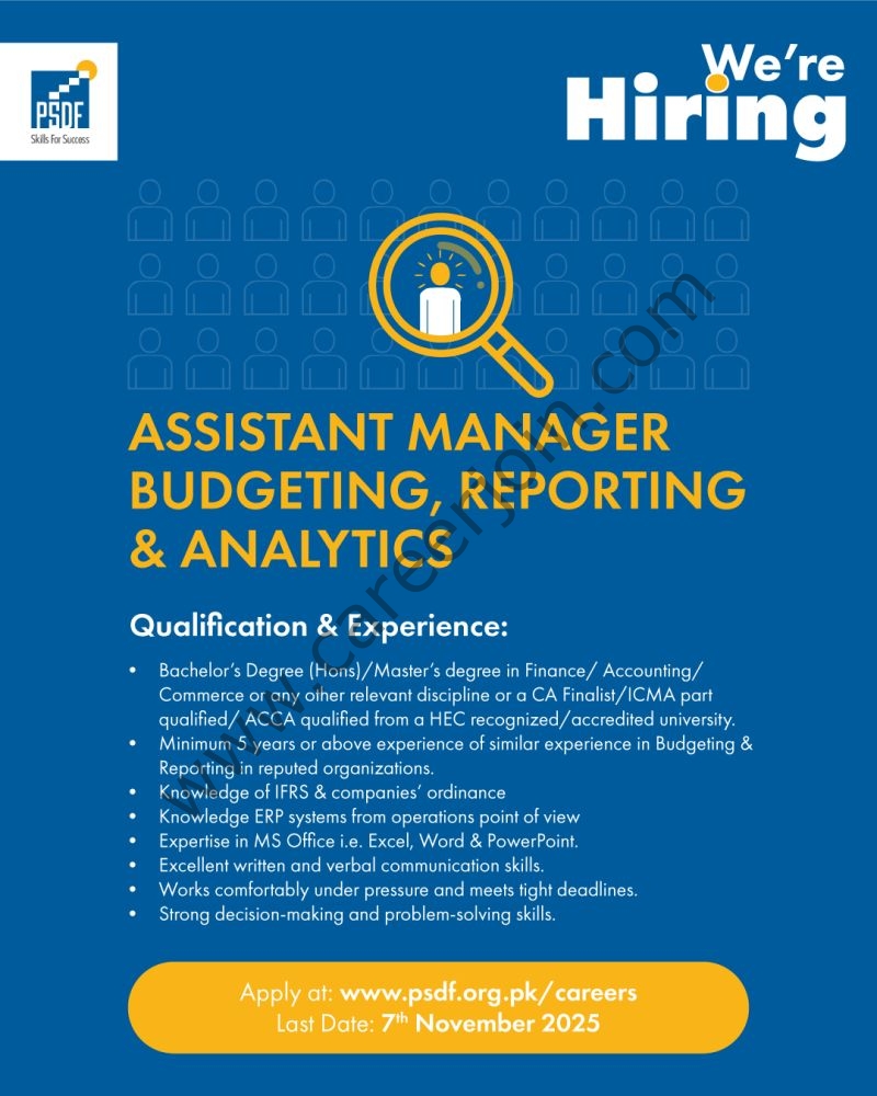 Punjab Skills Development Funds PSDF Jobs Assistant Manager Budgeting Reporting & Analytics 1