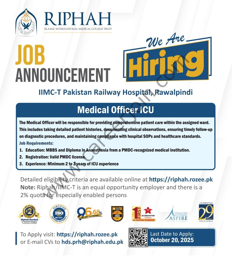 Riphah International University Jobs Medical Officer ICU 1
