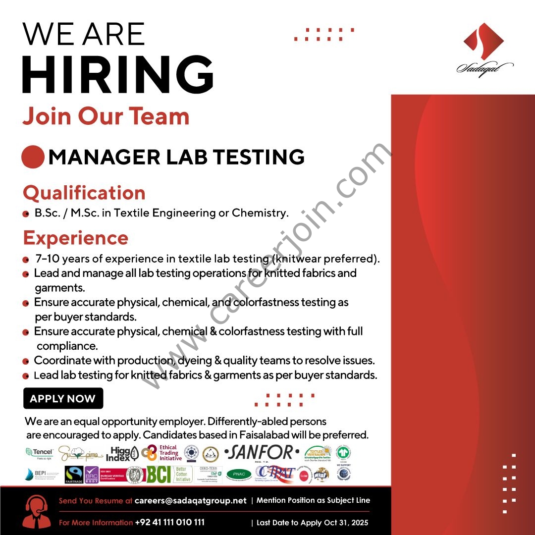 Sadaqat Limited Jobs October 2025 2