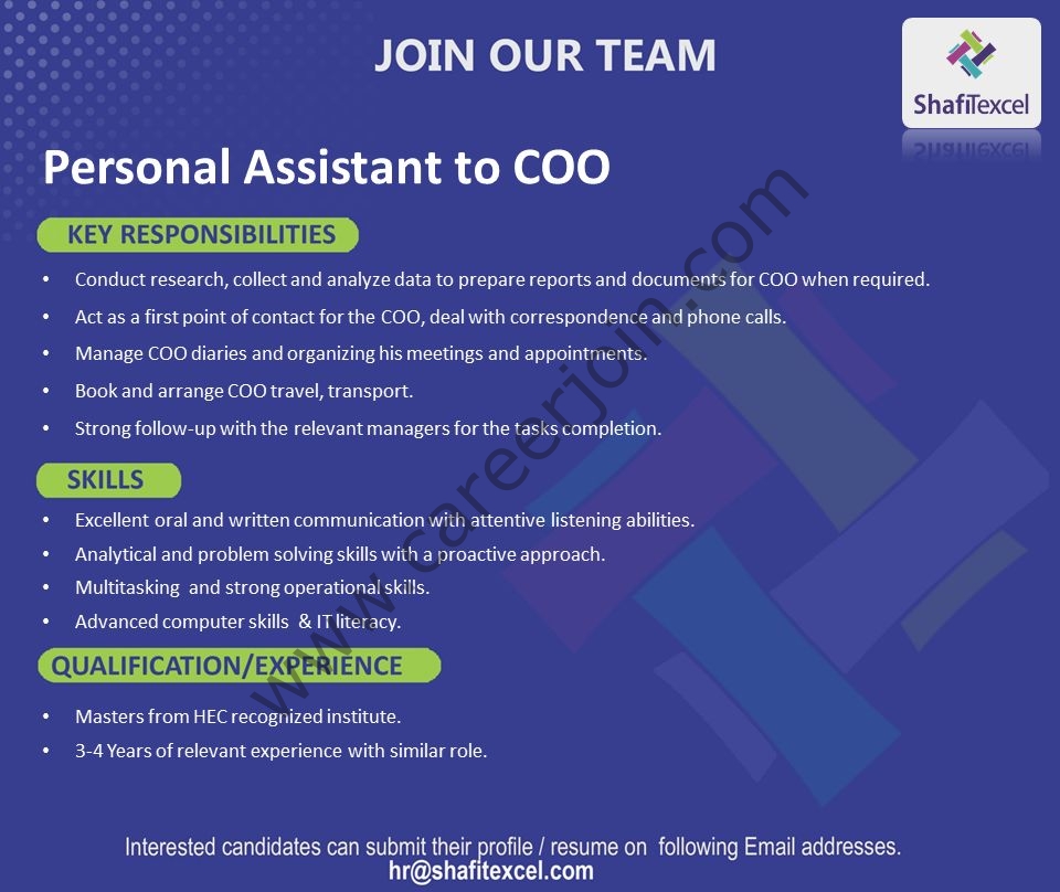 Shafi Texcel Pvt Ltd Jobs Personal Assistant to COO 1