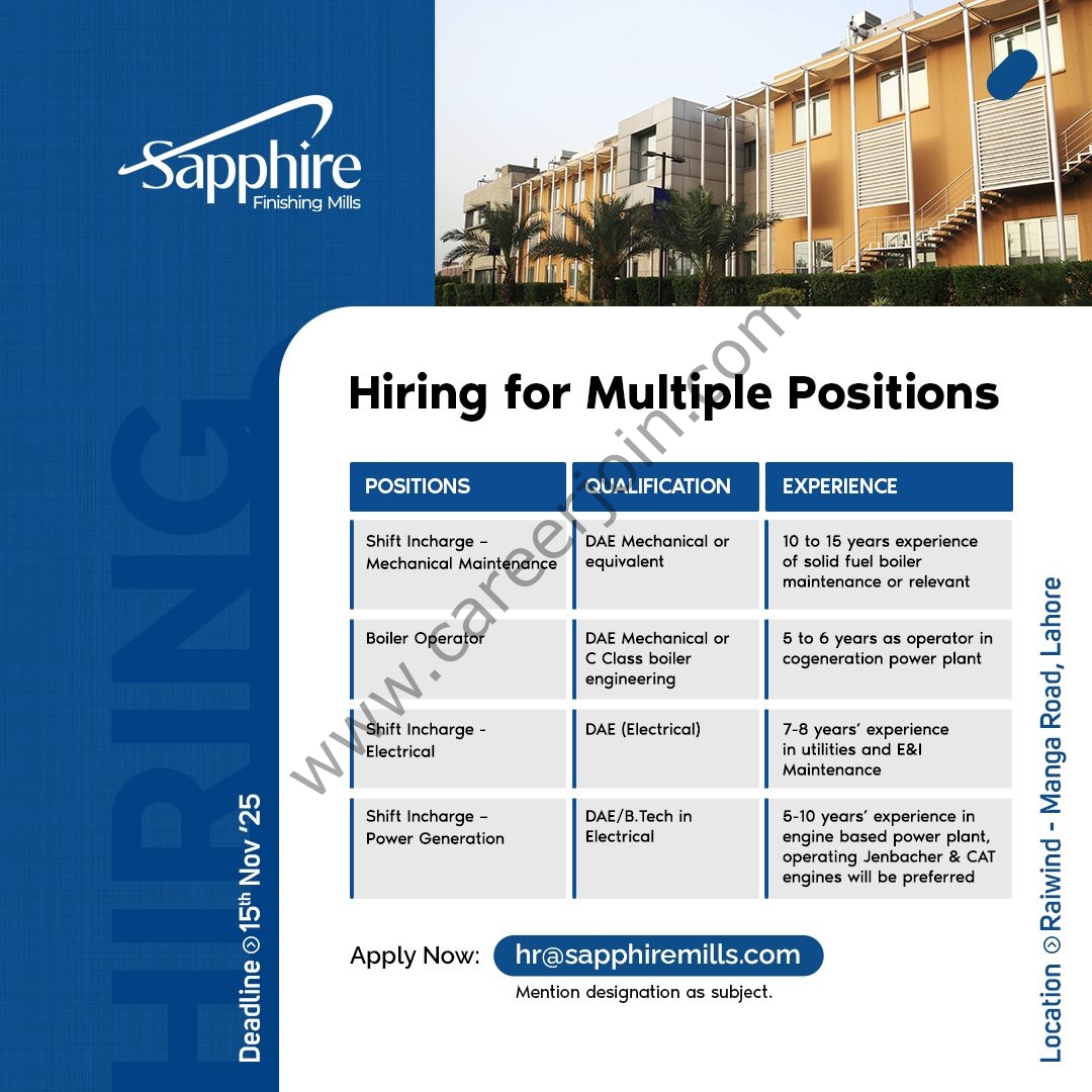 Sapphire Finishing Mills Limited Jobs October 2025 1